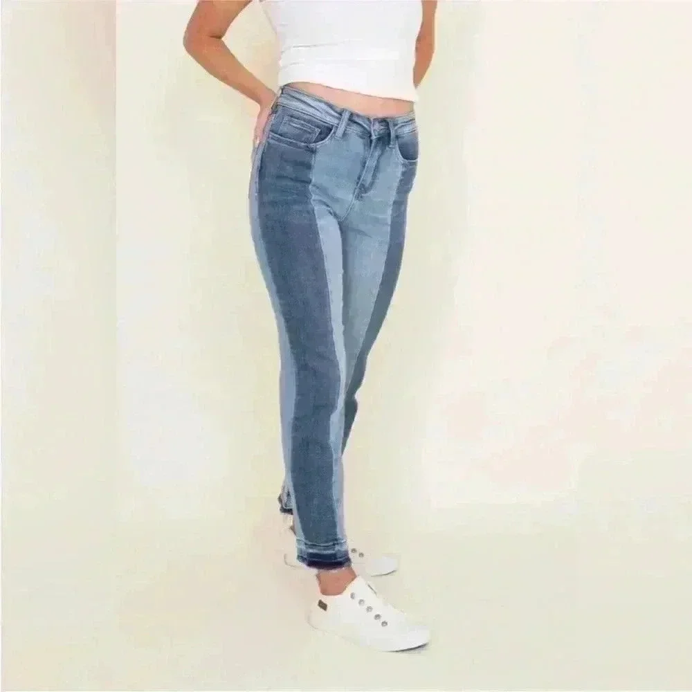 Flying Monkey sz 26 two tone color block jean frayed hem high waist best seller